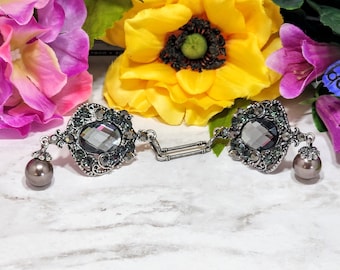 Antique Silver Rhinestone Sweater Clip: Faux Pearl Cardigan Closure