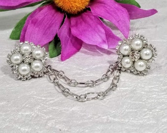 Rhinestone Pearl Flower Sweater Clip: Vintage inspired Cardigan Collar Guard