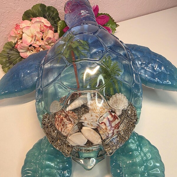 Giant Resin Sea Turtle - Blue to Green gradient - Palm Trees and shells