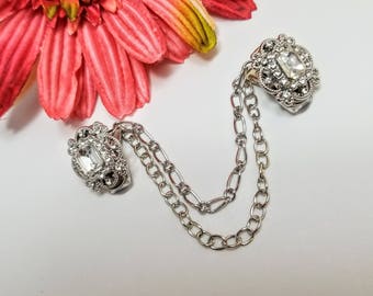 Rhinestone Sweater Clip: Silver Tone Cardigan Collar Guard