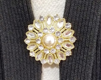 Gold Round Rhinestone and Faux Pearl Sweater Cardigan Clip, Sweater Closure 5273