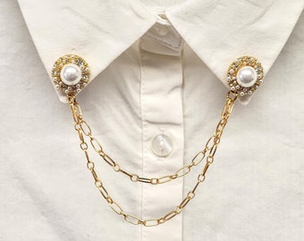 Gold Faux Pearl Rhinestone Collar Pin: Sweater Cardigan Clip