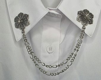 Antiqued Silver Flower Collar Pin