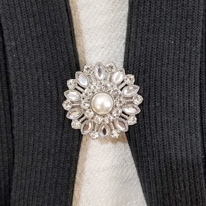 Silver Rhinestone Faux Pearl Sweater Clip: Cardigan Brooch
