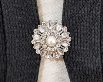 Silver Rhinestone Faux Pearl Sweater Clip: Cardigan Brooch
