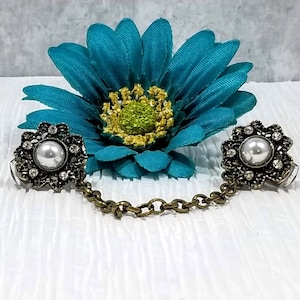 Antiqued Bronze Faux Pearl Rhinestone Sweater Clip: Cardigan Collar Guard
