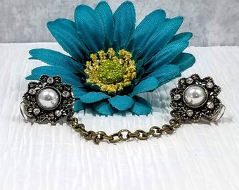 Antiqued Bronze Faux Pearl Rhinestone Sweater Clip: Cardigan Collar Guard