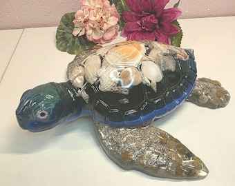 Giant Resin Sea Turtle - Blue with shells, sand and pebbles