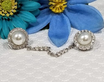 Round Rhinestone and Faux Pearl Sweater Clip, Cardigan Clip, Collar Clip, Sweater Closure 5074