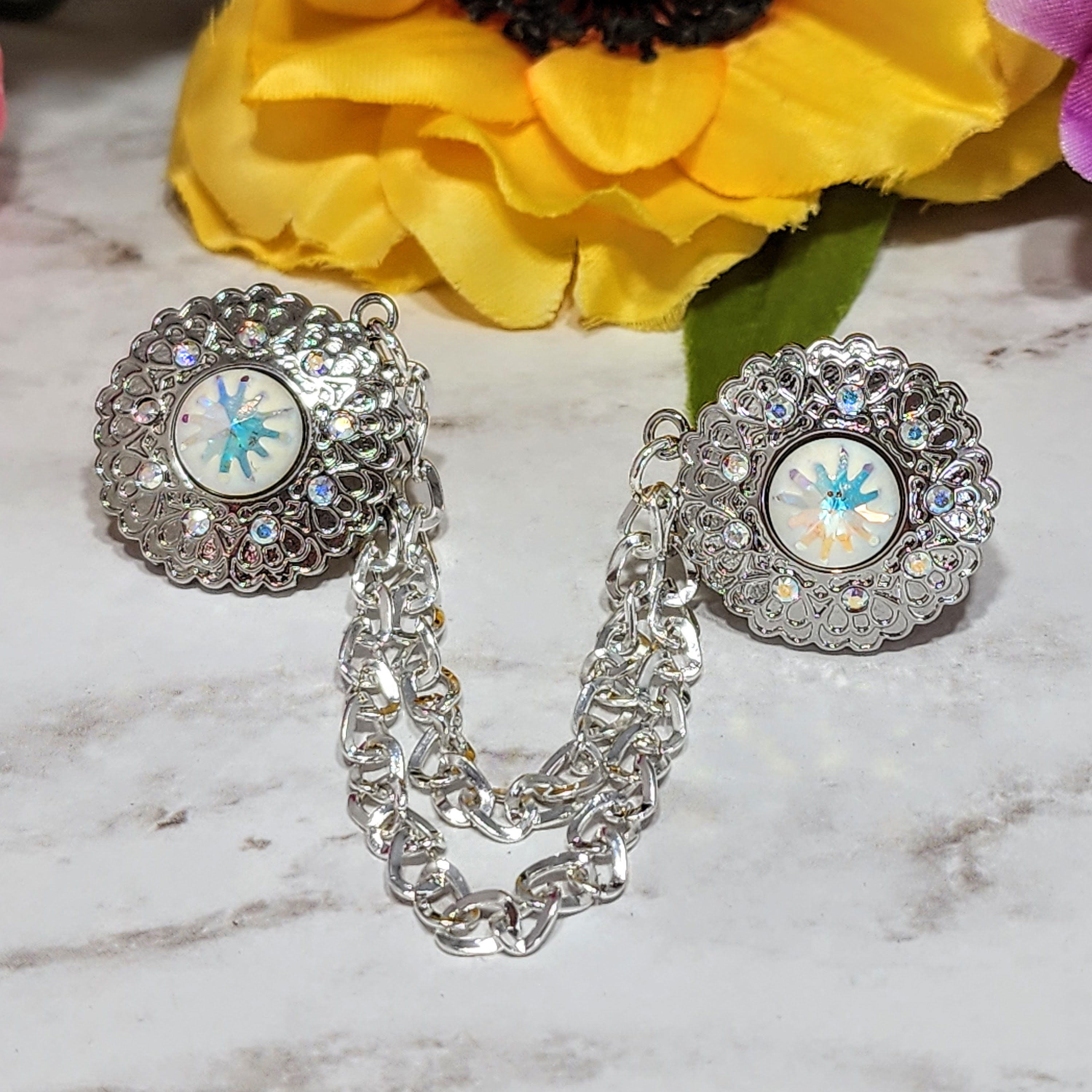 Crystal Flower Sweater Clip: Silver Cardigan Collar Closure