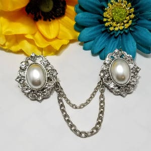 Faux Pearl Rhinestone Sweater Clip: Silver Cardigan Collar Pin