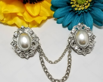 Faux Pearl Rhinestone Sweater Clip: Silver Cardigan Collar Pin