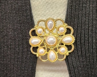 Gold Rhinestone Faux Pearl Sweater Clip: Cardigan Brooch