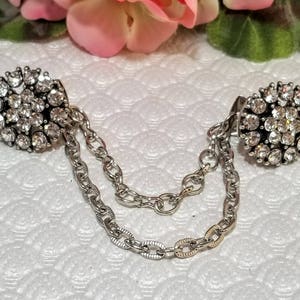 Rhinestone Sweater Clip: Antiqued Silver Cardigan Collar Closure