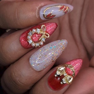 Claus & Effekt - Rot und Gold Magnetische Katzenauge Weihnachten Glitzer Press-On Nagelverlängerungen 10stk
