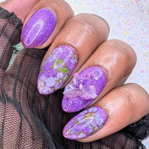 Fields of Amethyst - Purple Cat-Eye, Butterfly and White Flower False Press-On Nail Extensions 10pcs