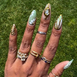 Moss and Moonlight – Sage Green and Gold Chrome Floral and Opal Elegant Press-On Nail Extensions 10pcs