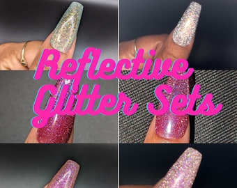 Reflective Glitter Solid Color *Choose Your Color* - Hand-painted Reusable Press-On Nail Extensions 10 or 23 nails
