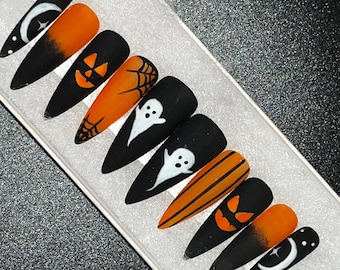 Halloweenies - Glow in the Dark Matte Orange and Black Halloween Nails Chrome False Press-On Nail Extensions 10pcs