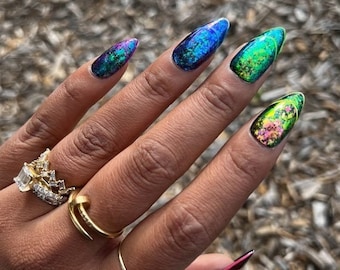 It&#39;s a Party - Chrome Chameleon Flake and Neon French Tip Press-On Nail Extensions 10pcs