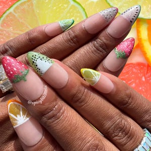 Fruity Phalanges – Fruit Themed Cat-Eye Half French Tip Press-On Nail Extensions 10pcs