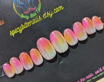 Rise and Shine - Pink and Orange Aura and Chrome Press-On Nail Extensions 10pcs