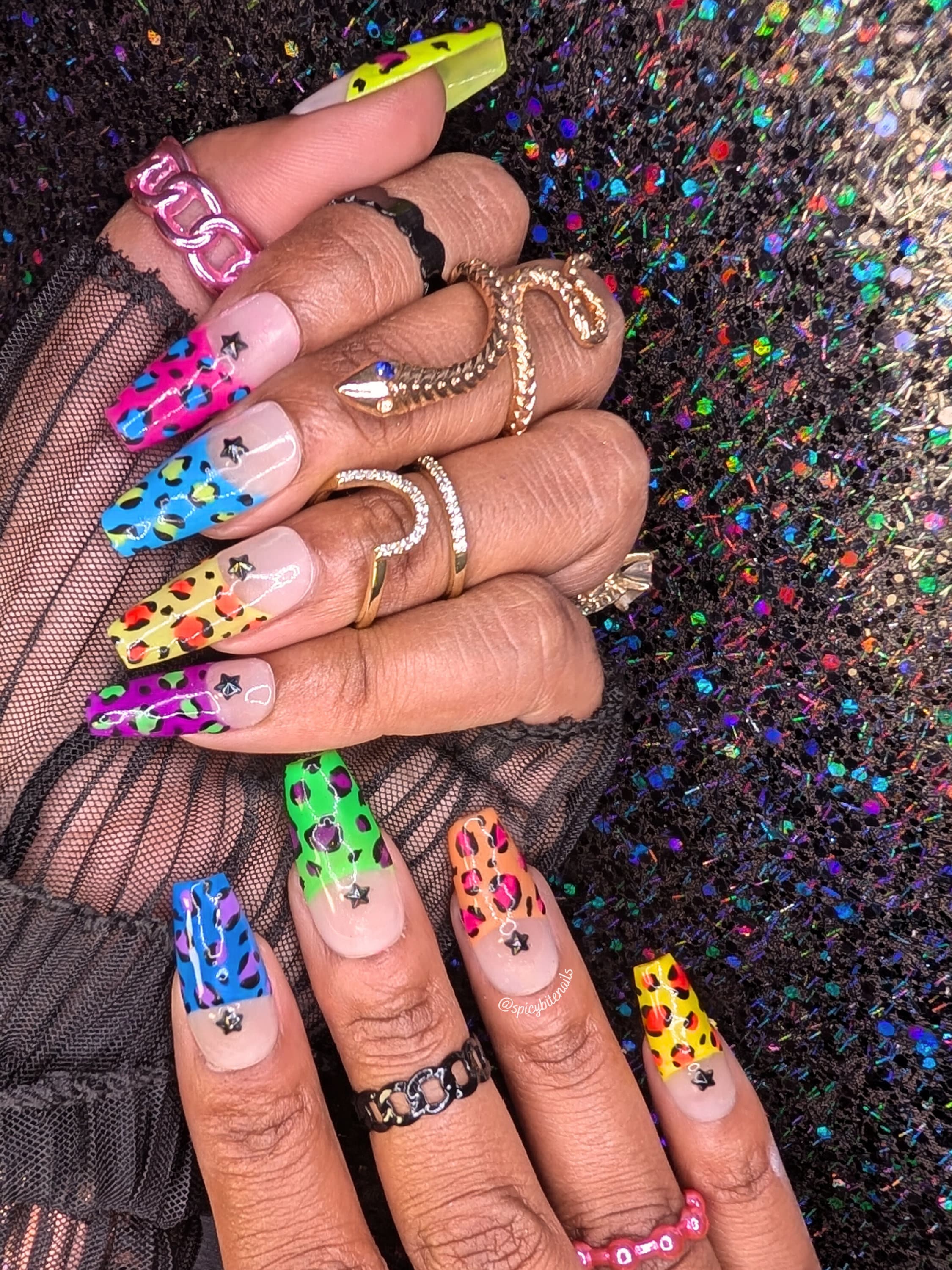 Wild Thing -  Neon Leopard Print Half Moon French Tip False Press-On Nail Extensions 10pcs