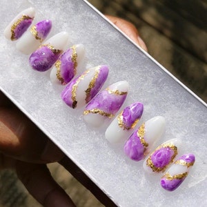 Purple Crystal Palace - purple and gold marble geode False Press-On Nail Extensions 10pcs
