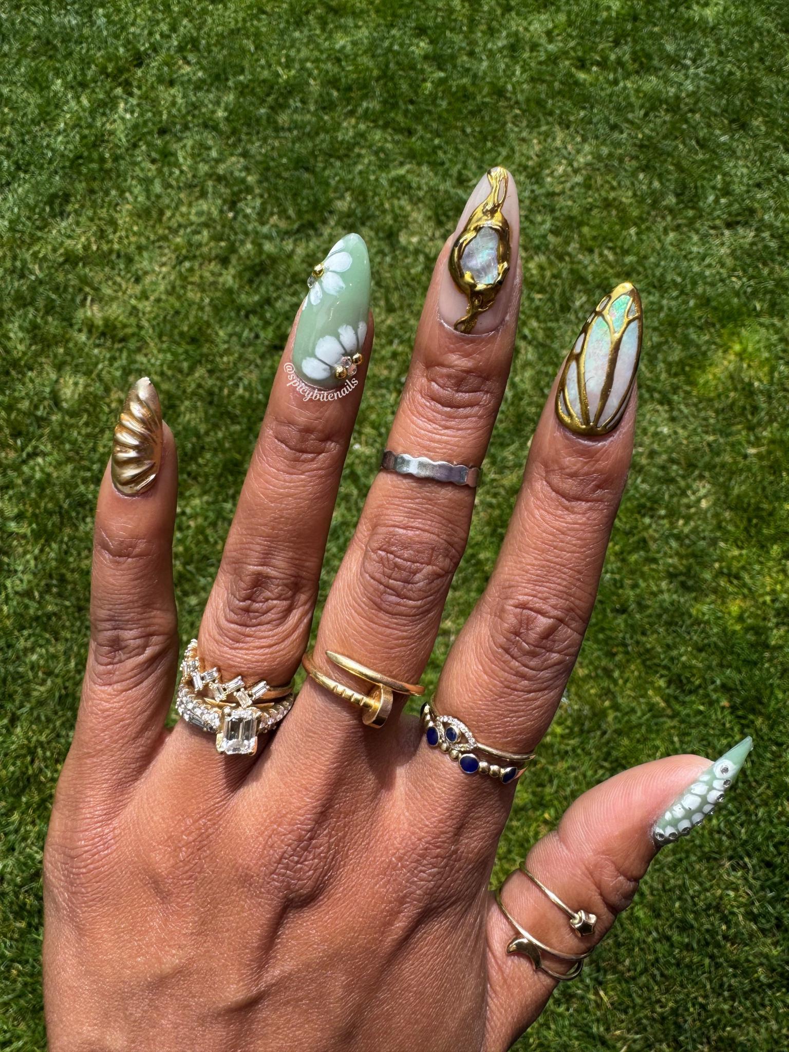 Golden Moss & Moonlight Engagement Nails