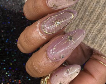 Celestial Blush - Mauve Pink Cat-Eye Gold Chrome Star Press-On Nail Extensions 10pcs