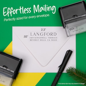 May include: A white envelope with a printed address, measuring 2.3" x .93", is shown with a black pen and two black ink stamps. The address reads "LANGFORD, 1419 KINGSWELL TERRACE, BEVERLY HILLS, CA 90210". The text "Effortless Mailing" is at the top.