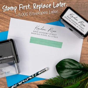 May include: A white envelope with the address "Kendoa Ross, 9929 ACADEMY STREET, BASKING RIDGE, NJ 07920" is shown with a stamp and pencil. The text "Stamp First. Replace Later. ~5,000 Envelopes Later..." is at the top.