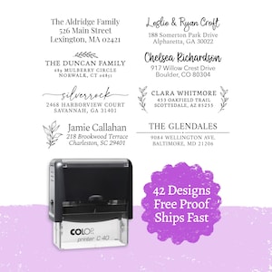 May include: A black and clear self-inking stamp with the text "COLOP printer C 40" at the bottom. The image also shows examples of address stamps with names and addresses, and a purple badge that says "42 Designs Free Proof Ships Fast".