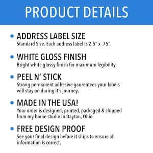 product details. includes information about the dimensions of the label, the finish, peel and stick adhesive, made in the USA and information about the design proof.
