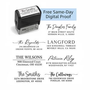 May include: A black self-inking address stamp with the text "The Smiths" and address details. The image also shows examples of address layouts and the text "Free Same-Day Digital Proof".