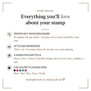 May include: White background with text: "STAMP DETAILS Everything you'll love about your stamp." Features include a smooth self-inking mechanism, up to 5,000 impressions, a design for every style, and 5 ink colors.