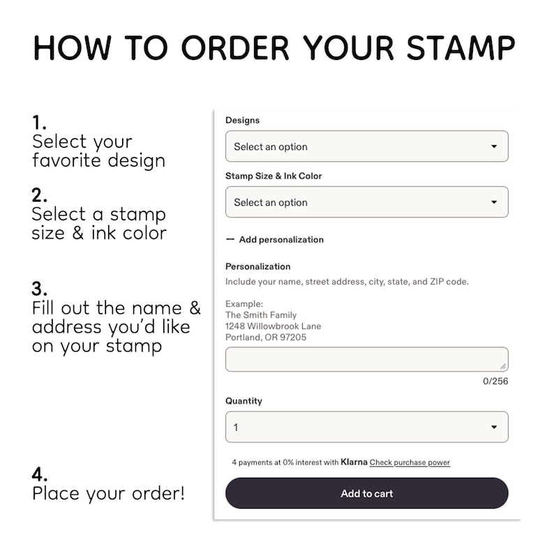 May include: Image showing the steps to order a custom stamp. Instructions include selecting a design, stamp size and ink color, filling in name and address, and placing the order. The image also shows an example of how to fill out the personalization field.