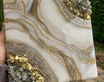 Gold White Resin art|White mini geode|Gold wall decor|white crystal gold art|8x8 art|Custom geode art| holiday table|New year gifts