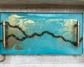 Teal Gold Tray|Turquoise Tray with Handles| Wedding Tray|Brass handle tray|Gold Turquoise Decor|Bridal Tray|Wedding theme gift|Luxury Tray