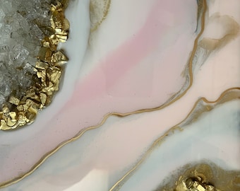 BLUSH PINK White resin art |8x10inch birch panel| Pink art| |resin|luxury art|Holiday table decor|abstract landscape|resin wood|crystal art