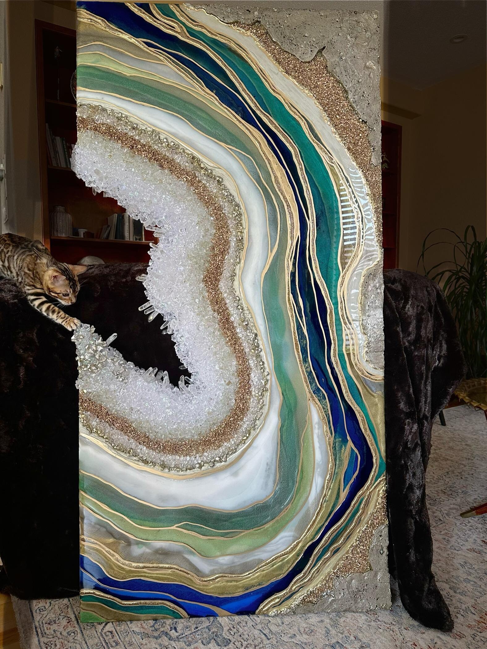 Peacock Blue Green Resin art |custom art| geode Resin painting| luxury art|Crystal art|large abstract|blue green gold artwork|large epoxy