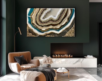 May include: A large rectangular wall art piece featuring an abstract geode design with concentric layers of teal, cream, brown, and gold. The artwork displays textured crystalline details and metallic gold accents, mimicking the appearance of natural stone.