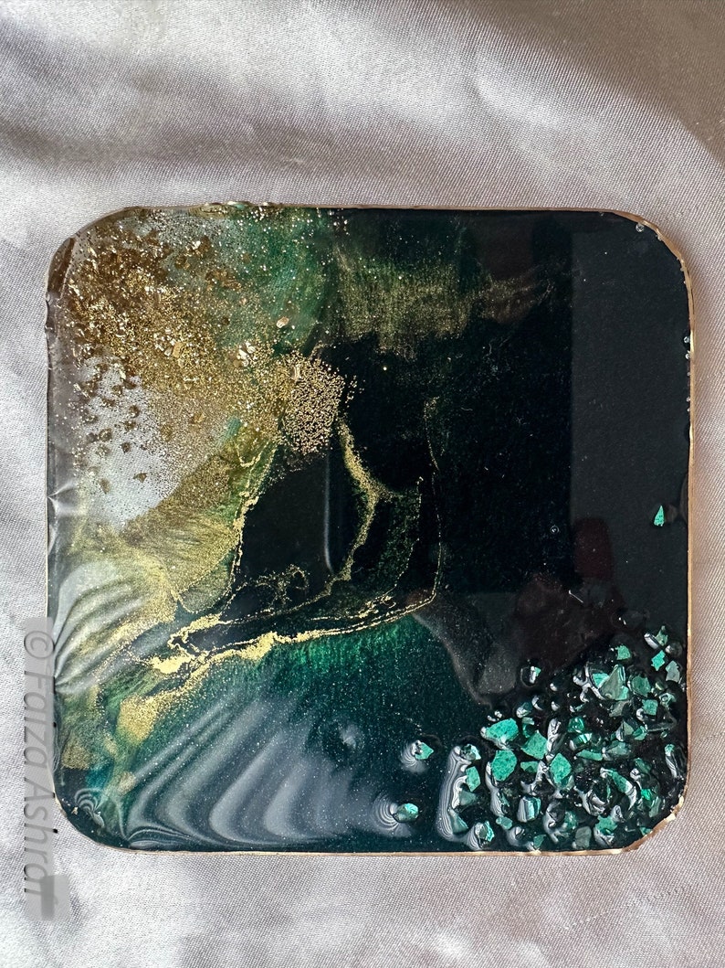 Resin coasters Set of 4 coastershandmade giftemerald green coasters emerald green gold decorChristmas table setting green table decor image 10