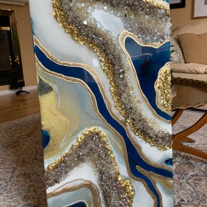 Peacock Blue Resin art |custom art| geode art|Resin painting| luxury art|Crystal art| modern blue art| blue gold artwork|Luxury wall decor