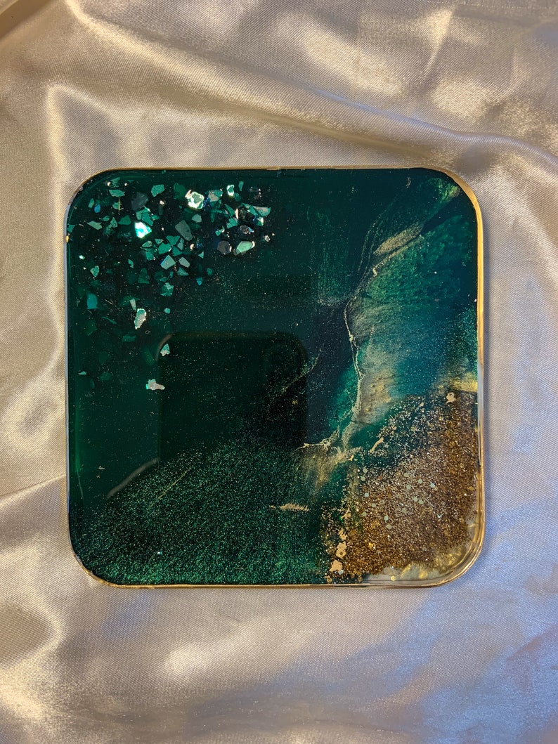 Resin coasters Set of 4 coastershandmade giftemerald green coasters emerald green gold decorChristmas table setting green table decor image 7