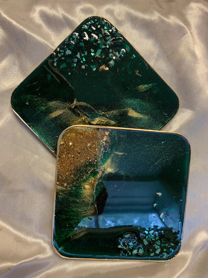 Resin coasters Set of 4 coastershandmade giftemerald green coasters emerald green gold decorChristmas table setting green table decor image 5