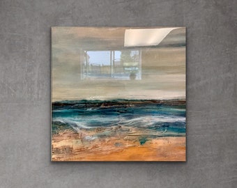 Resin seascape, ocean abstract, beach art, sea painting, teal art, beach sands, ocean blue,landscape, ocean,horizon painting, gift for him