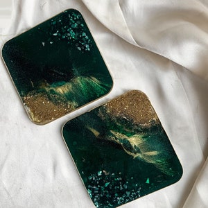 Resin coasters Set of 4 coastershandmade giftemerald green coasters emerald green gold decorChristmas table setting green table decor image 1