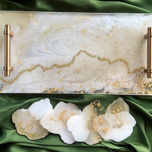 White gold Resin tray|SOLD|Large tray| elegant table decor|white gold tablescape|resin table art|white gold deco|luxe table|gifts for her