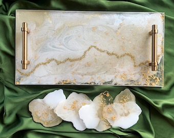White gold Resin tray|SOLD|Large tray| elegant table decor|white gold tablescape|resin table art|white gold deco|luxe table|gifts for her